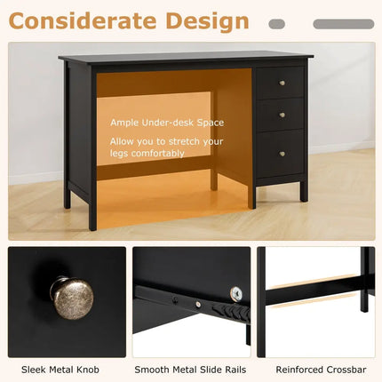 3-Drawer Home Office Study Computer Desk with Spacious Desktop-Black Costway