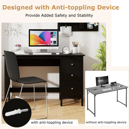 3-Drawer Home Office Study Computer Desk with Spacious Desktop-Black Costway