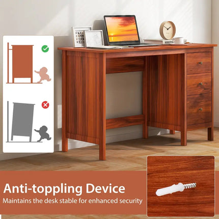 3-Drawer Home Office Study Computer Desk with Spacious Desktop-Brown Costway