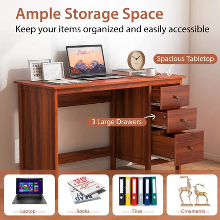 3-Drawer Home Office Study Computer Desk with Spacious Desktop-Brown Costway