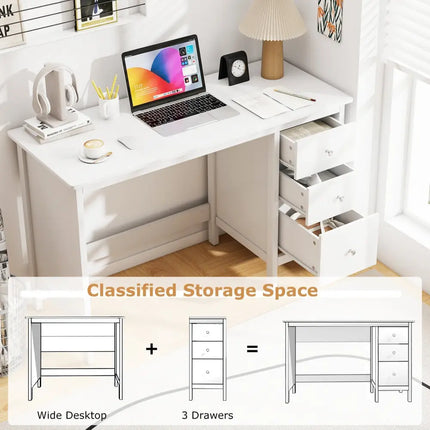 3-Drawer Home Office Study Computer Desk with Spacious Desktop-White Costway