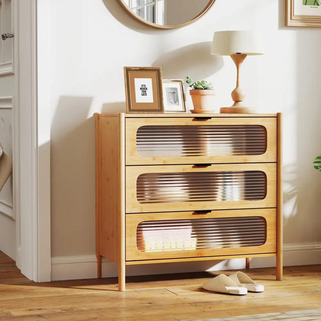 3 Drawer Mid Century Modern Chest of Drawers with Reeded Tempered Glass Front-Natural Costway