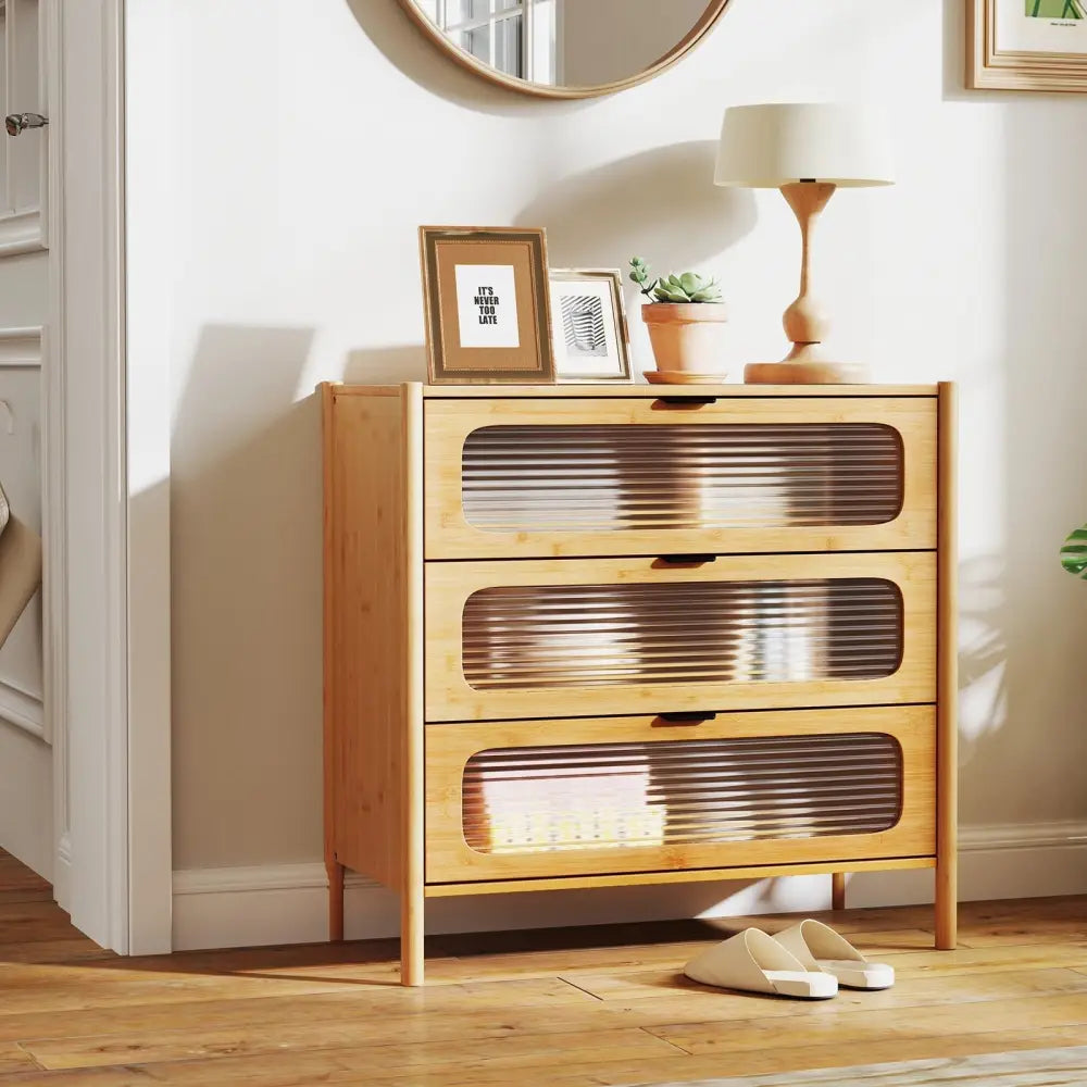 3 Drawer Mid Century Modern Chest of Drawers with Reeded Tempered Glass Front-Natural Costway