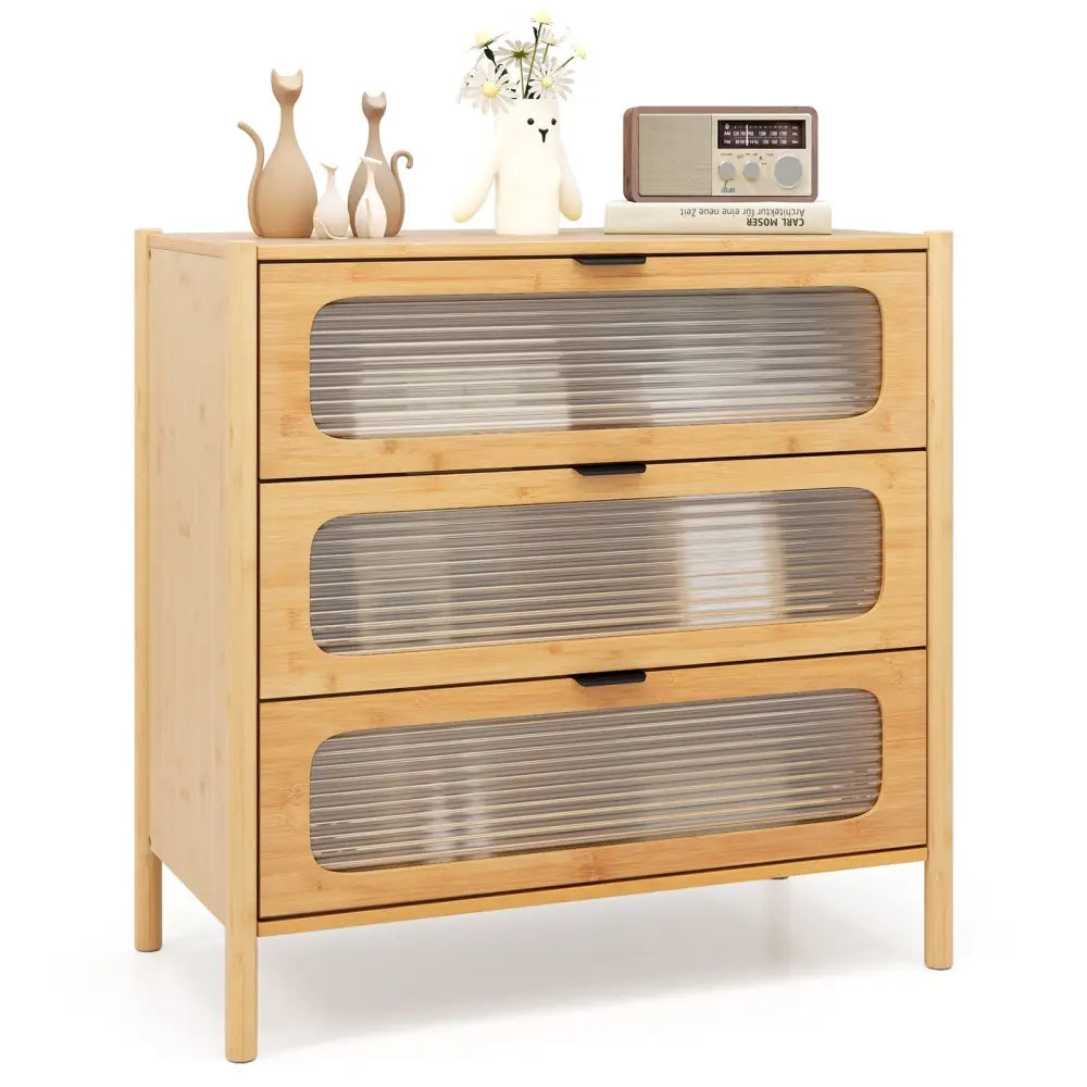 3 Drawer Mid Century Modern Chest of Drawers with Reeded Tempered Glass Front-Natural Costway