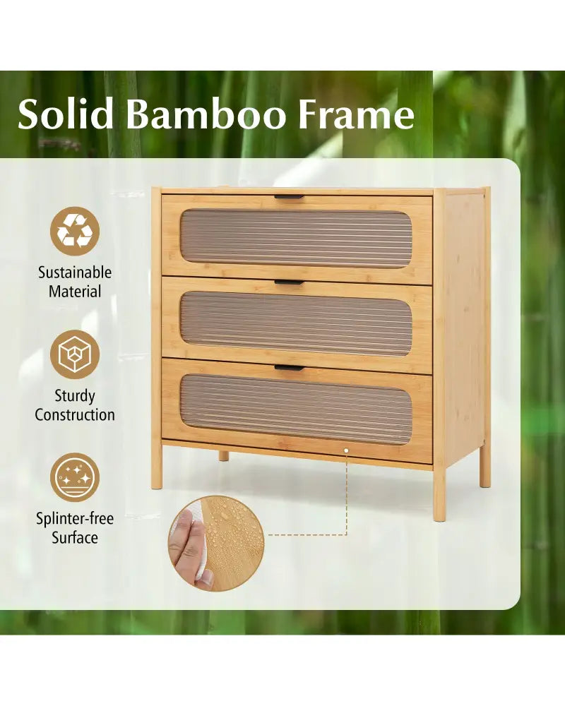 3 Drawer Mid Century Modern Chest of Drawers with Reeded Tempered Glass Front-Natural - Natural - Cabinets & Chests