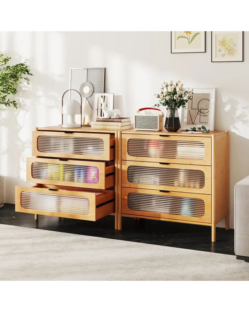 3 Drawer Mid Century Modern Chest of Drawers with Reeded Tempered Glass Front-Natural - Natural - Cabinets & Chests