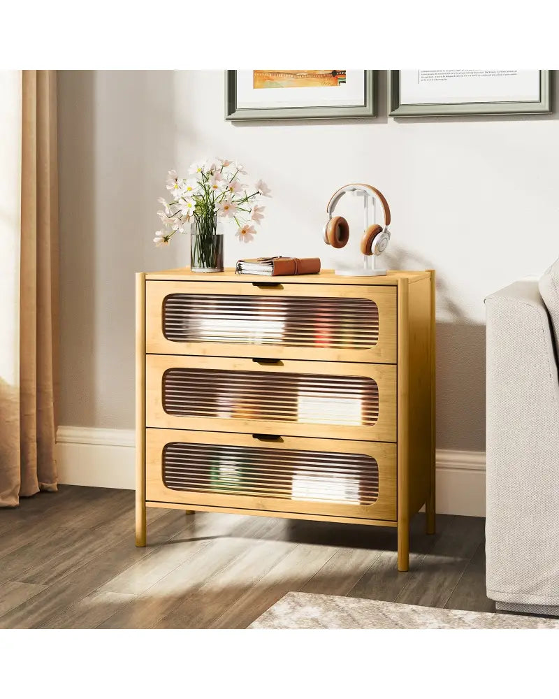 3 Drawer Mid Century Modern Chest of Drawers with Reeded Tempered Glass Front-Natural - Natural - Cabinets & Chests