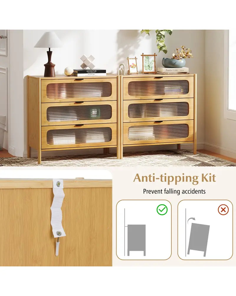 3 Drawer Mid Century Modern Chest of Drawers with Reeded Tempered Glass Front-Natural - Natural - Cabinets & Chests