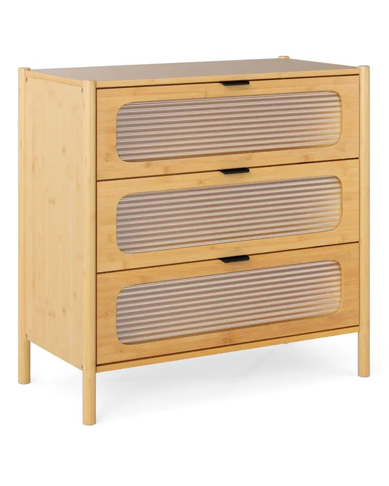3 Drawer Mid Century Modern Chest of Drawers with Reeded Tempered Glass Front-Natural - Natural - Cabinets & Chests