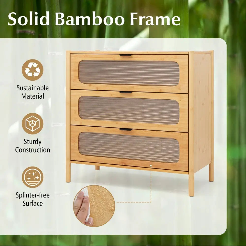 3 Drawer Mid Century Modern Chest of Drawers with Reeded Tempered Glass Front-Natural Costway