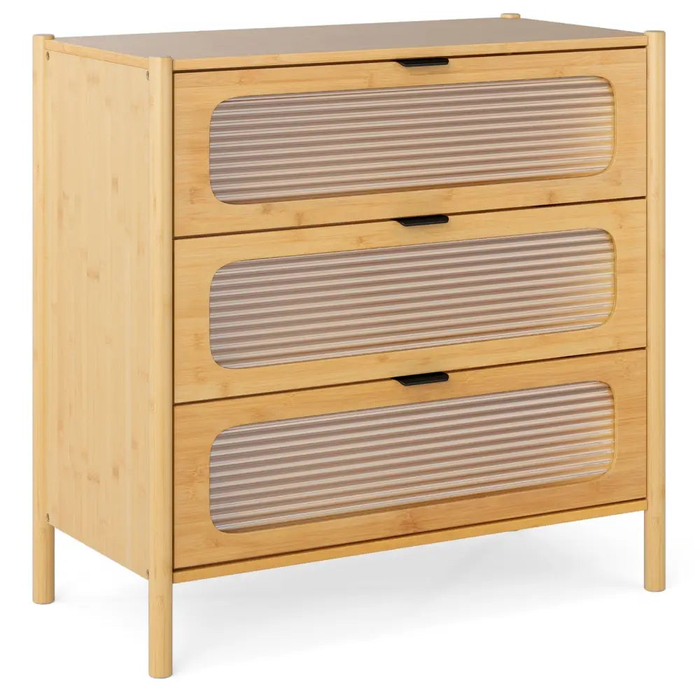 3 Drawer Mid Century Modern Chest of Drawers with Reeded Tempered Glass Front-Natural Costway