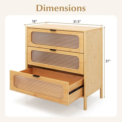 3 Drawer Mid Century Modern Chest of Drawers with Reeded Tempered Glass Front-Natural Costway