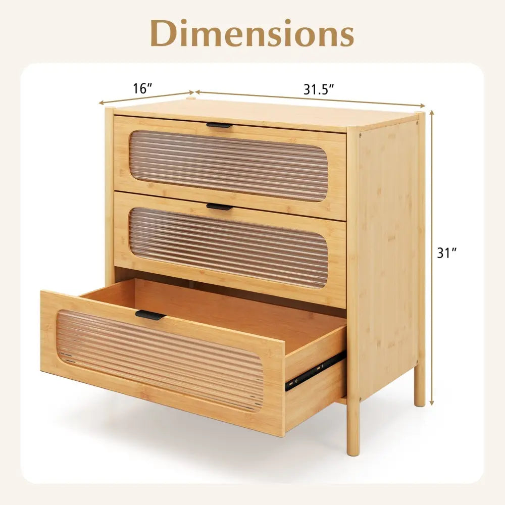 3 Drawer Mid Century Modern Chest of Drawers with Reeded Tempered Glass Front-Natural Costway