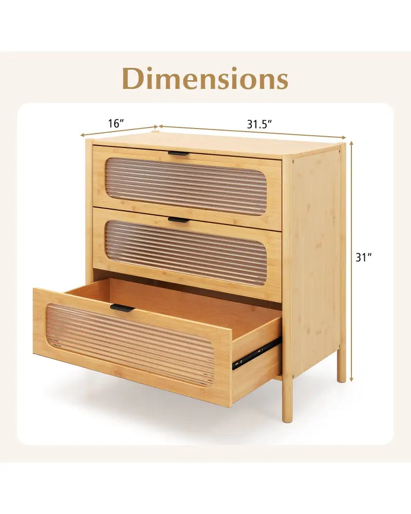 3 Drawer Mid Century Modern Chest of Drawers with Reeded Tempered Glass Front-Natural - Natural - Cabinets & Chests