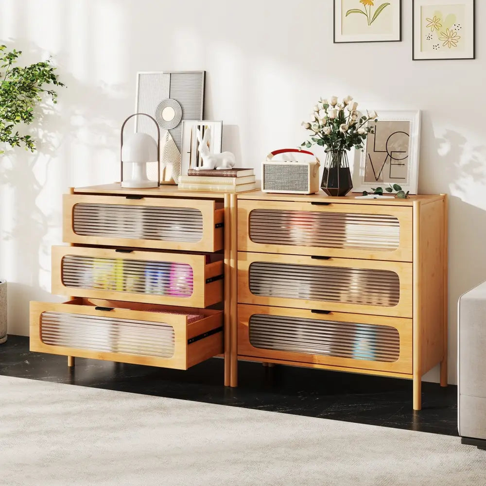 3 Drawer Mid Century Modern Chest of Drawers with Reeded Tempered Glass Front-Natural Costway