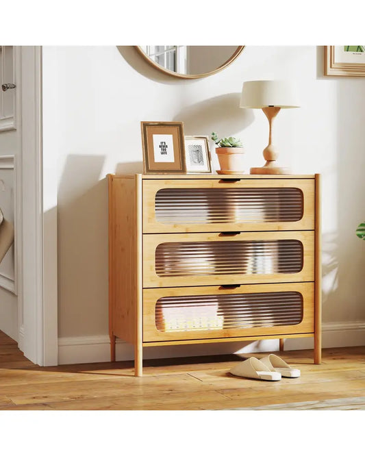 3 Drawer Mid Century Modern Chest of Drawers with Reeded Tempered Glass Front-Natural - Natural - Cabinets & Chests
