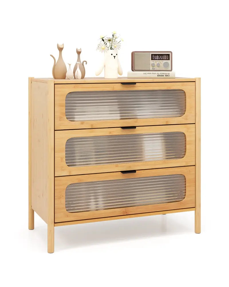 3 Drawer Mid Century Modern Chest of Drawers with Reeded Tempered Glass Front-Natural - Natural - Cabinets & Chests