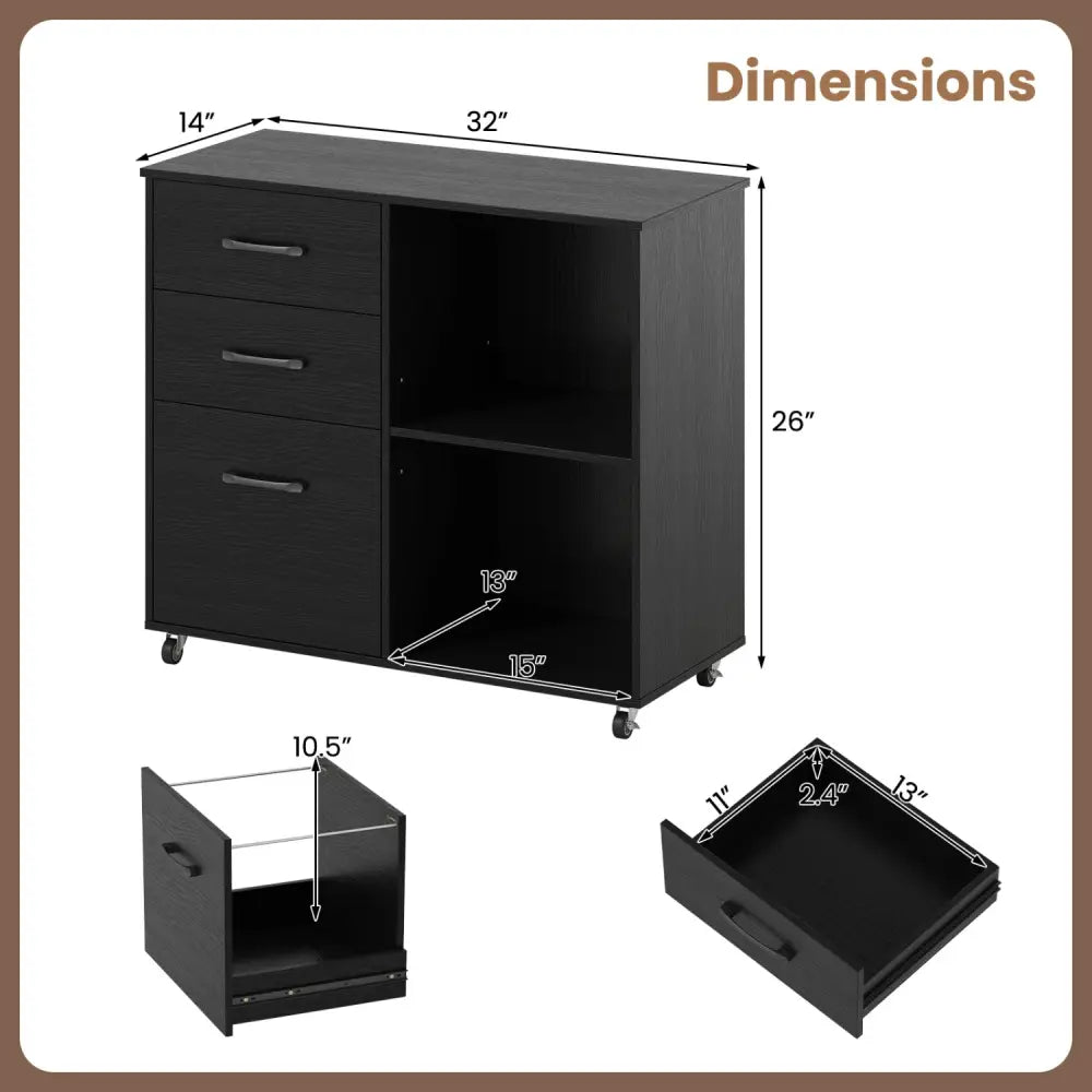 3-Drawer Mobile Lateral File Cabinet Printer Stand-Black - Black - File Cabinets