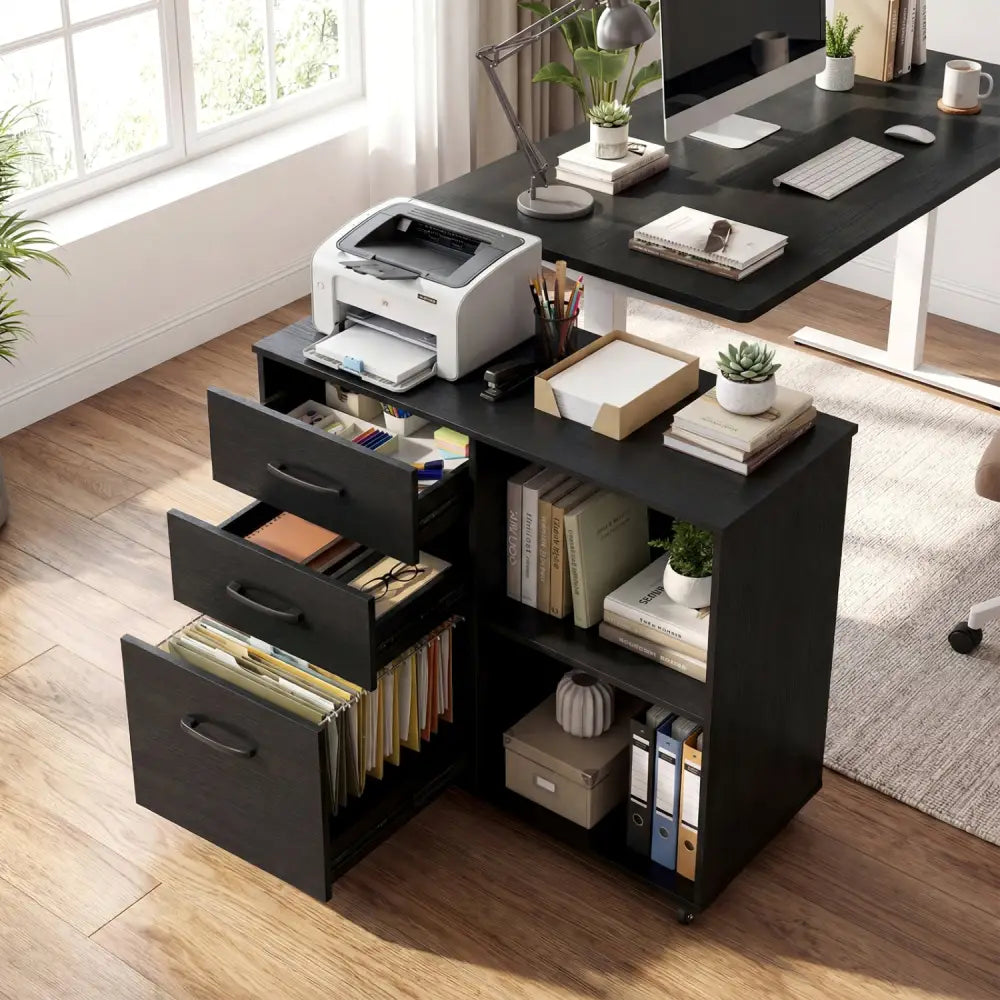 3-Drawer Mobile Lateral File Cabinet Printer Stand-Black - Black - File Cabinets