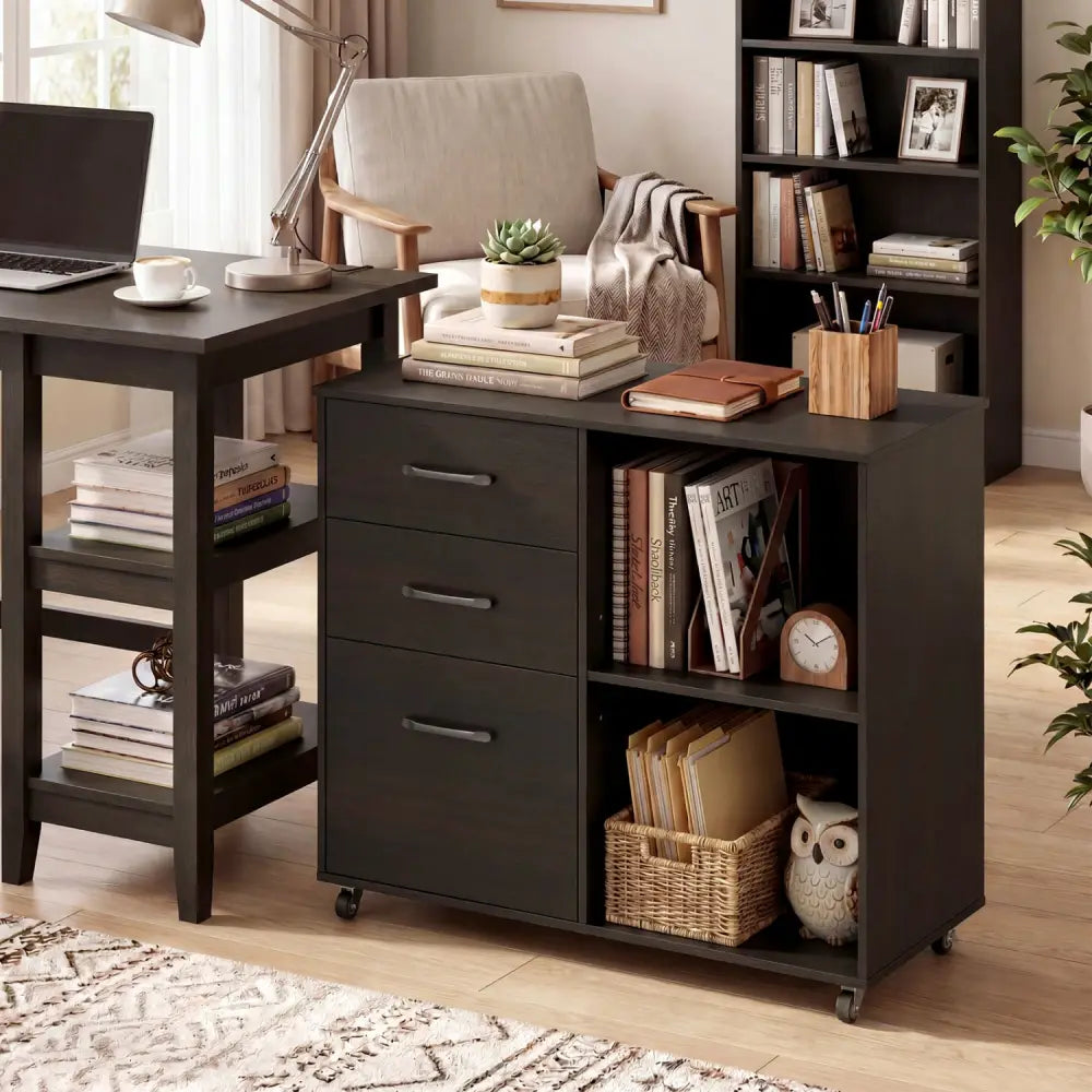 3-Drawer Mobile Lateral File Cabinet Printer Stand-Espresso - Dark Brown - File Cabinets