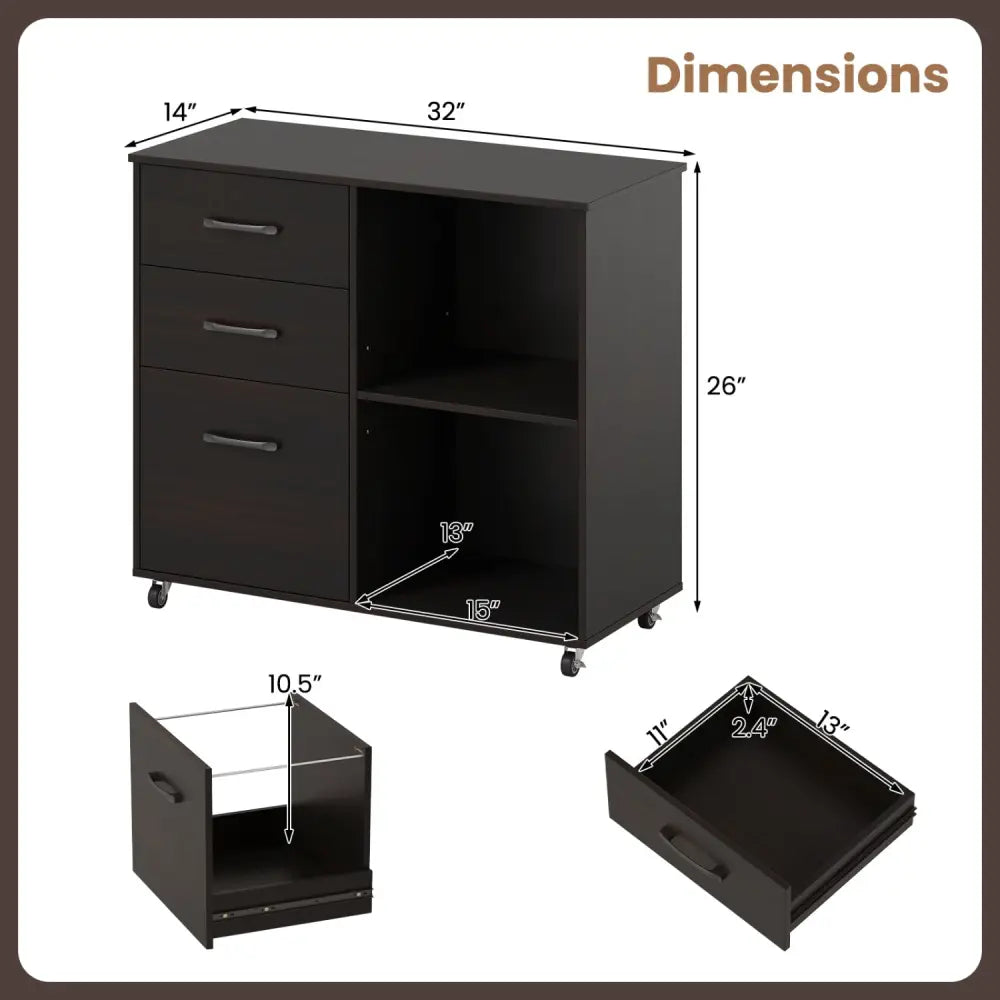 3-Drawer Mobile Lateral File Cabinet Printer Stand-Espresso - Dark Brown - File Cabinets