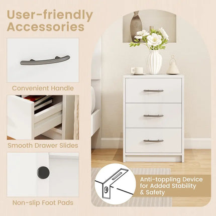 3 Drawer Nightstand with Storage for Living Room-White Costway