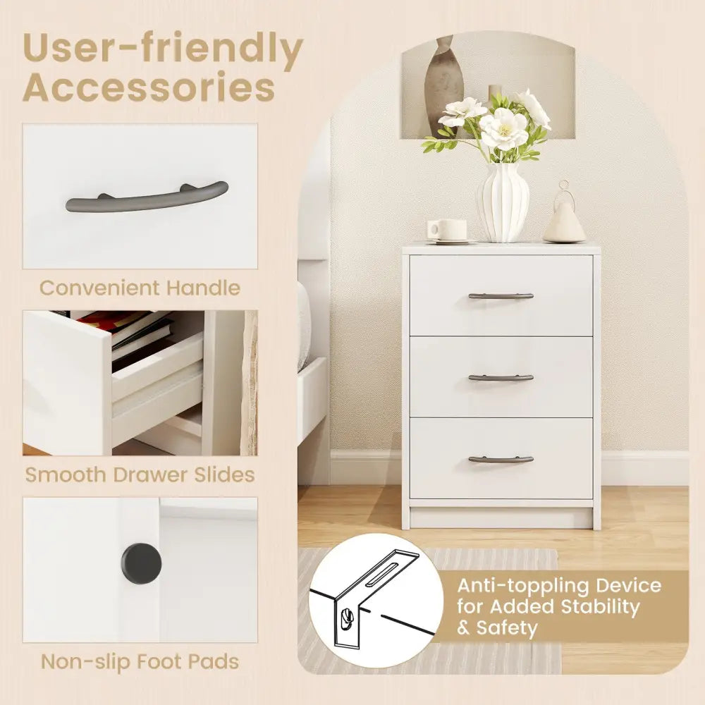 3 Drawer Nightstand with Storage for Living Room-White Costway
