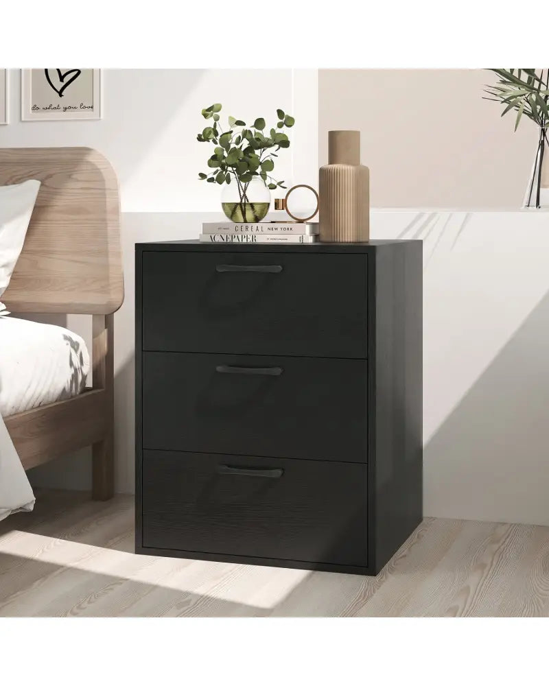 3 Drawer Nightstand with Wood Grain Finish and Storage for Living Room Bedroom Study-Black - Black - Nightstands