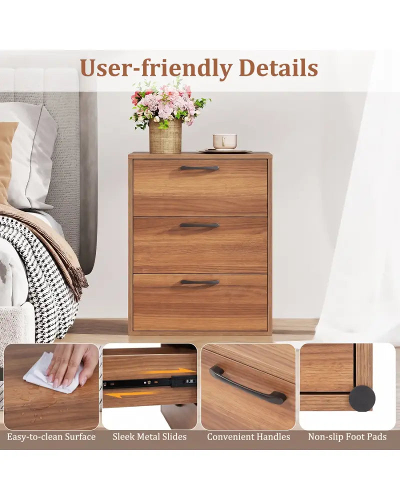 3 Drawer Nightstand with Wood Grain Finish and Storage for Living Room Bedroom Study-Walnut - Walnut - Nightstands