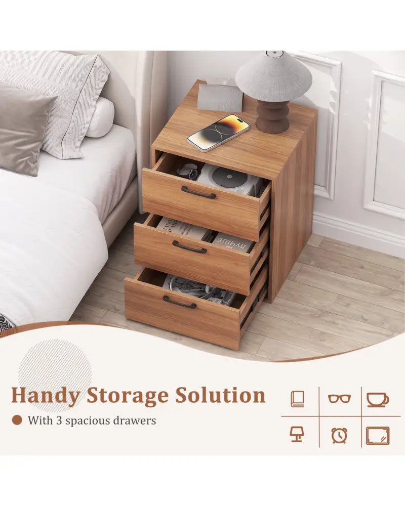 3 Drawer Nightstand with Wood Grain Finish and Storage for Living Room Bedroom Study-Walnut - Walnut - Nightstands