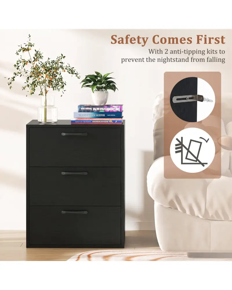 3 Drawer Nightstand with Wood Grain Finish and Storage for Living Room Bedroom Study-Black - Black - Nightstands