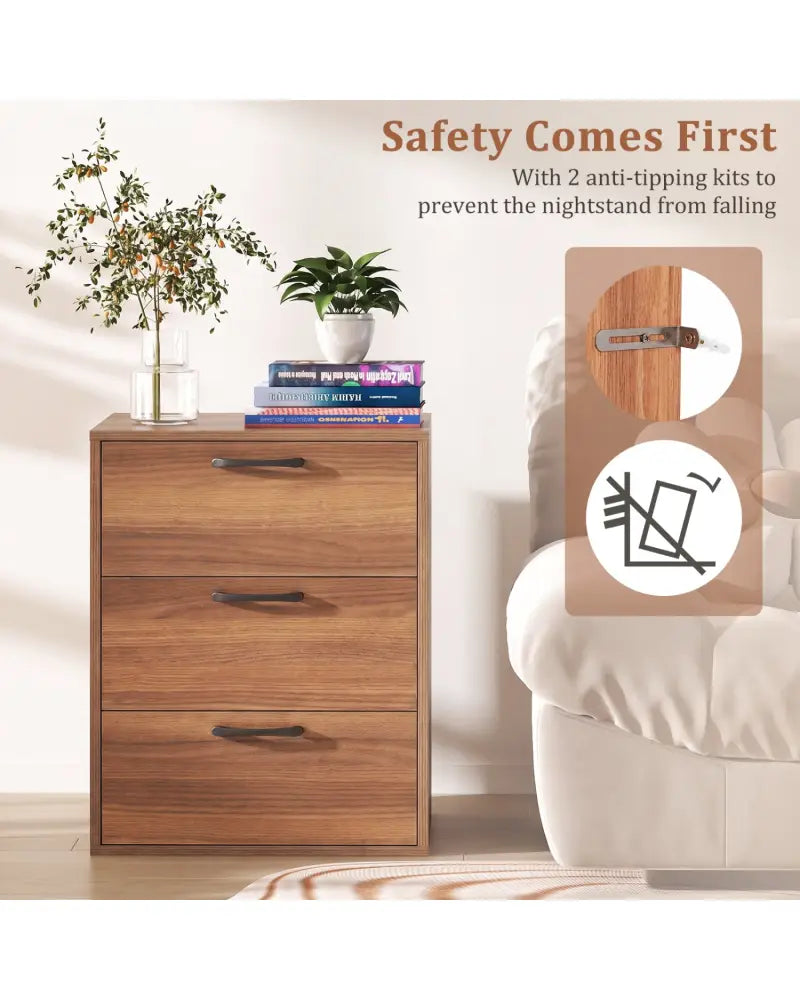 3 Drawer Nightstand with Wood Grain Finish and Storage for Living Room Bedroom Study-Walnut - Walnut - Nightstands