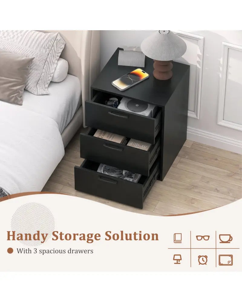 3 Drawer Nightstand with Wood Grain Finish and Storage for Living Room Bedroom Study-Black - Black - Nightstands
