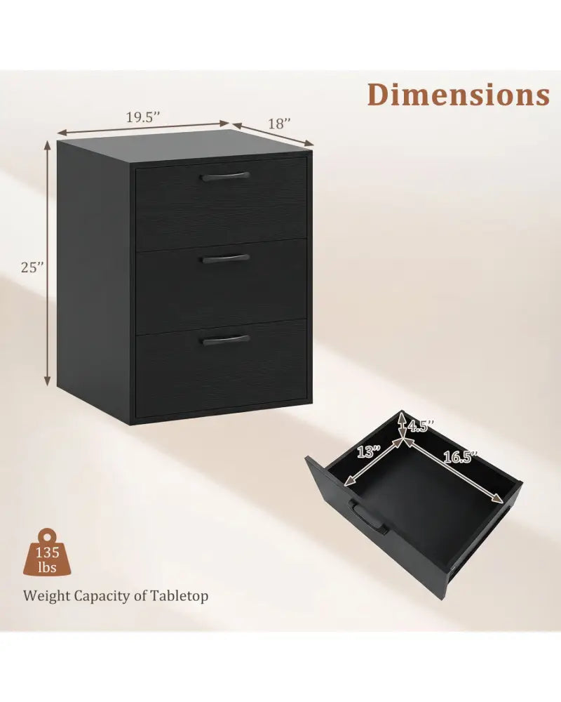 3 Drawer Nightstand with Wood Grain Finish and Storage for Living Room Bedroom Study-Black - Black - Nightstands