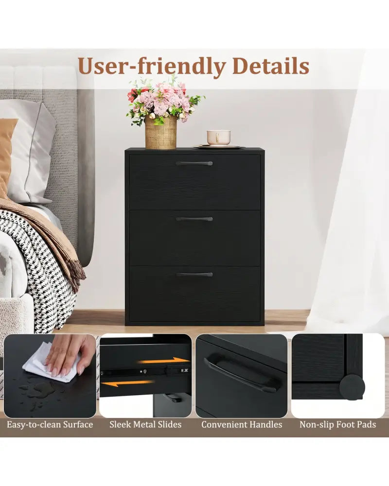 3 Drawer Nightstand with Wood Grain Finish and Storage for Living Room Bedroom Study-Black - Black - Nightstands