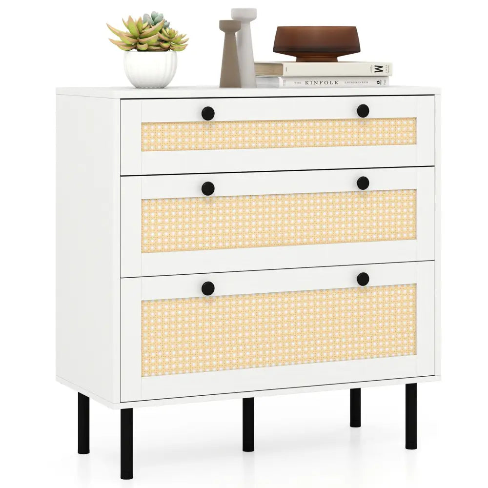 3-Drawer Rattan Nightstand Boho Chest of Drawers for Bedroom-White - White - Dressers & Chests