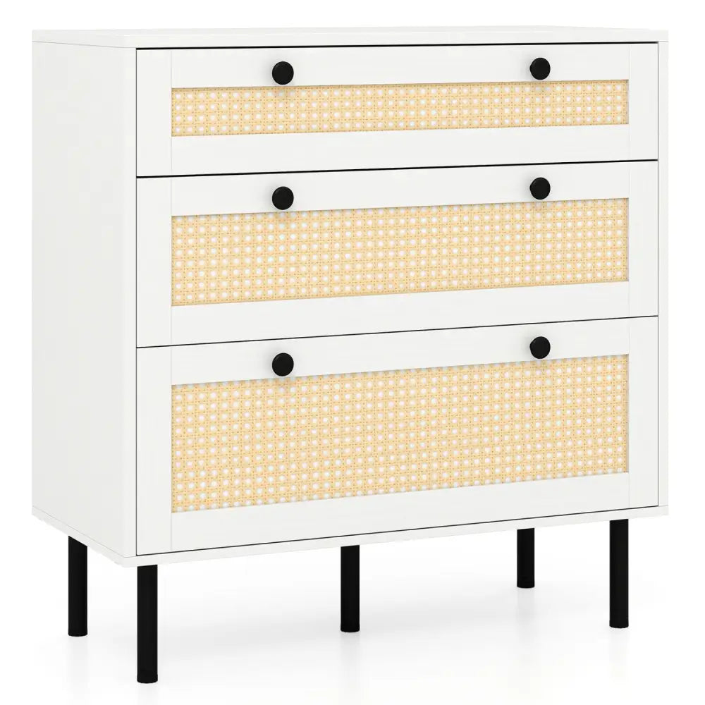 3-Drawer Rattan Nightstand Boho Chest of Drawers for Bedroom-White - White - Dressers & Chests