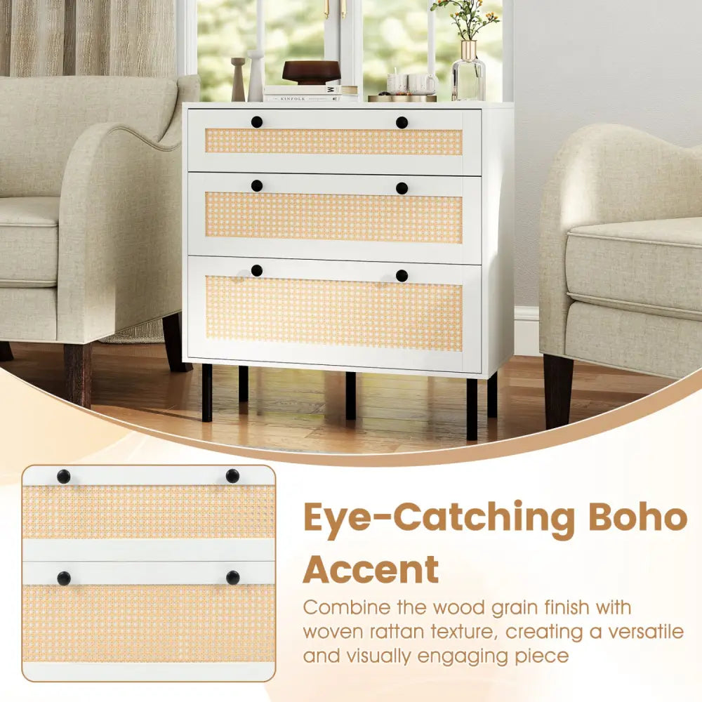 3-Drawer Rattan Nightstand Boho Chest of Drawers for Bedroom-White - White - Dressers & Chests