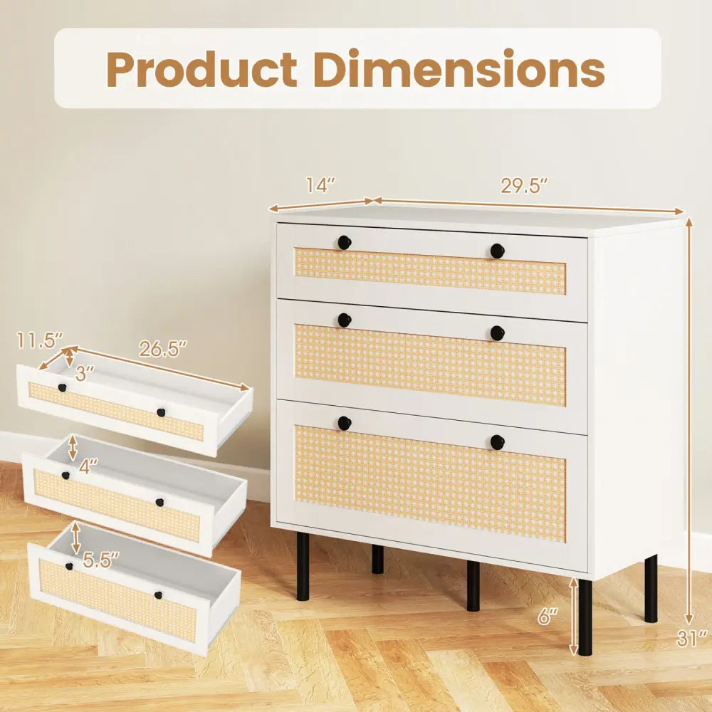 3-Drawer Rattan Nightstand Boho Chest of Drawers for Bedroom-White - White - Dressers & Chests