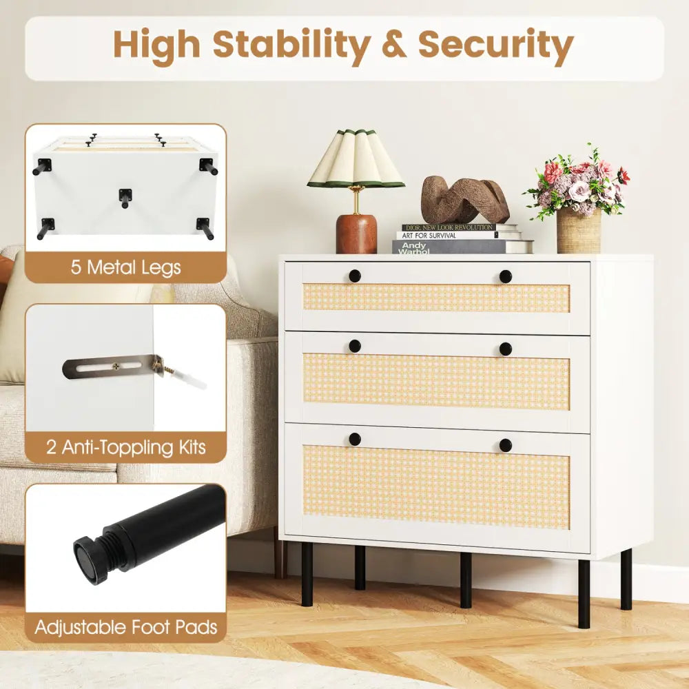 3-Drawer Rattan Nightstand Boho Chest of Drawers for Bedroom-White - White - Dressers & Chests