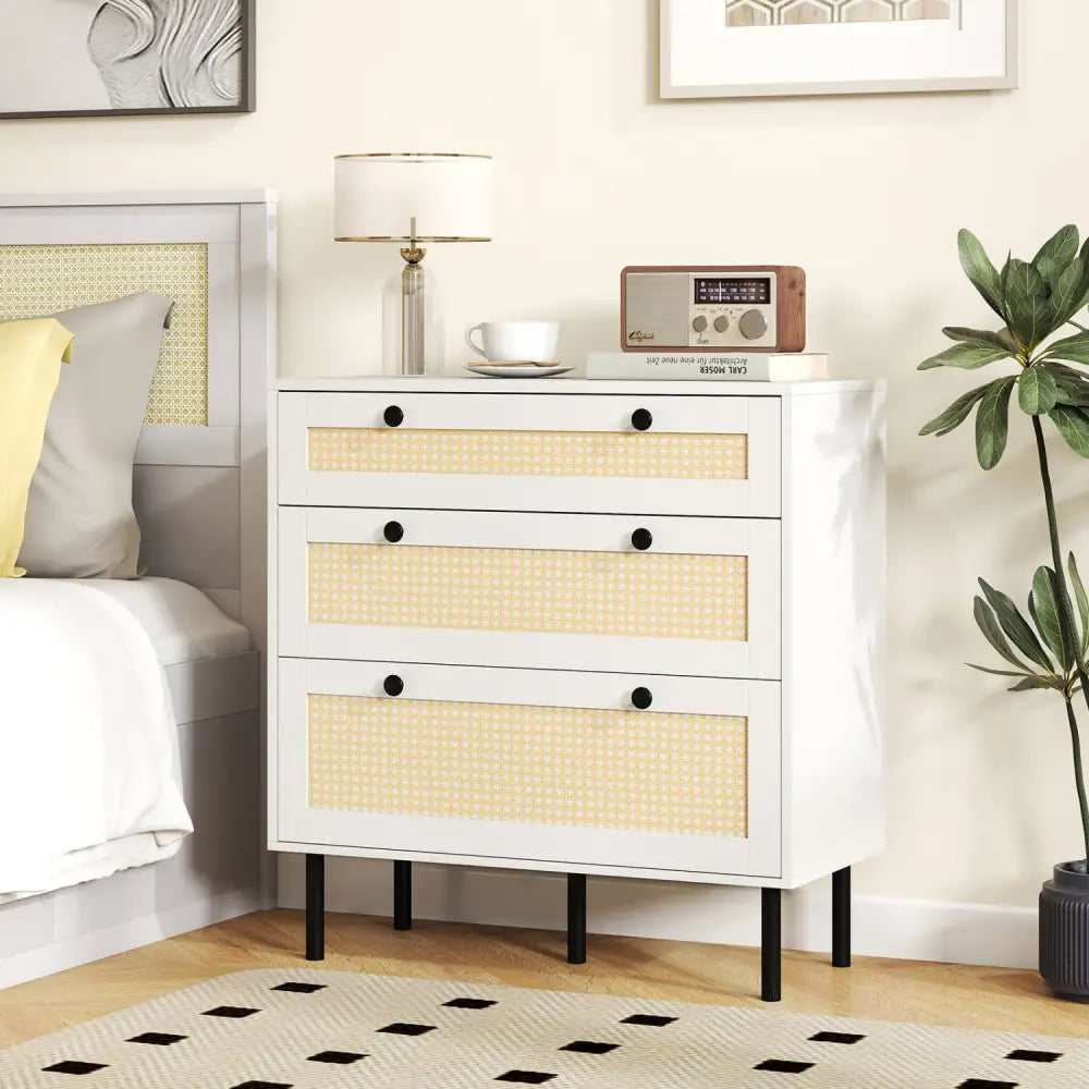3-Drawer Rattan Nightstand Boho Chest of Drawers for Bedroom-White - White - Dressers & Chests