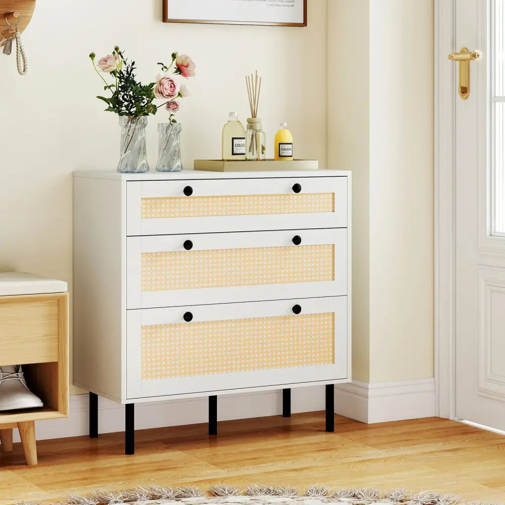 3-Drawer Rattan Nightstand Boho Chest of Drawers for Bedroom-White - White - Dressers & Chests
