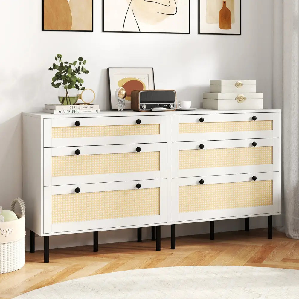 3-Drawer Rattan Nightstand Boho Chest of Drawers for Bedroom-White - White - Dressers & Chests