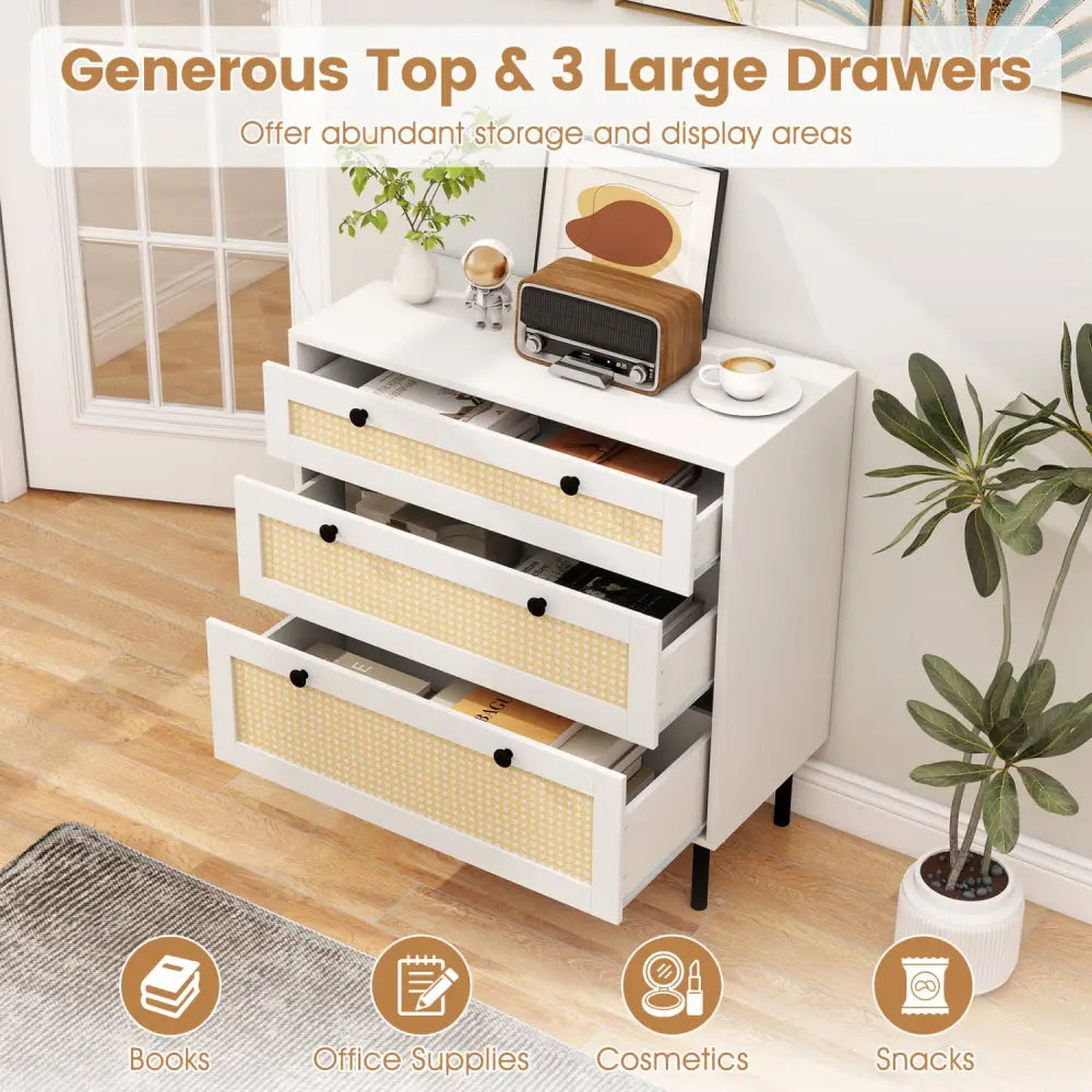 3-Drawer Rattan Nightstand Boho Chest of Drawers for Bedroom-White - White - Dressers & Chests