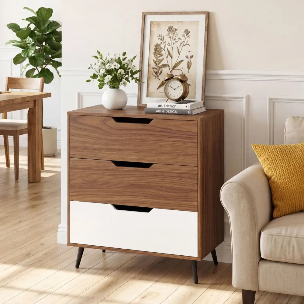 3-Drawer Rustic Farmhouse Wooden Storage Dresser-Walnut - Walnut - Dressers & Chests