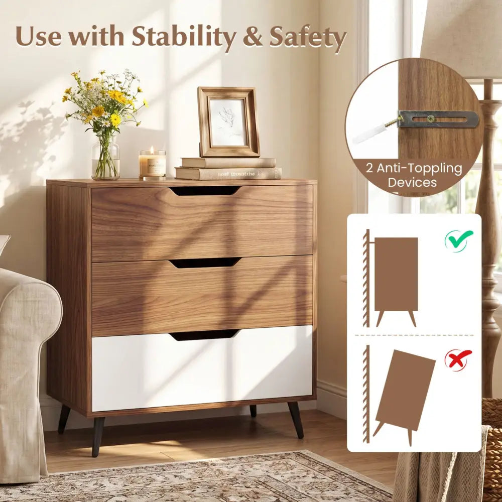 3-Drawer Rustic Farmhouse Wooden Storage Dresser-Walnut - Walnut - Dressers & Chests