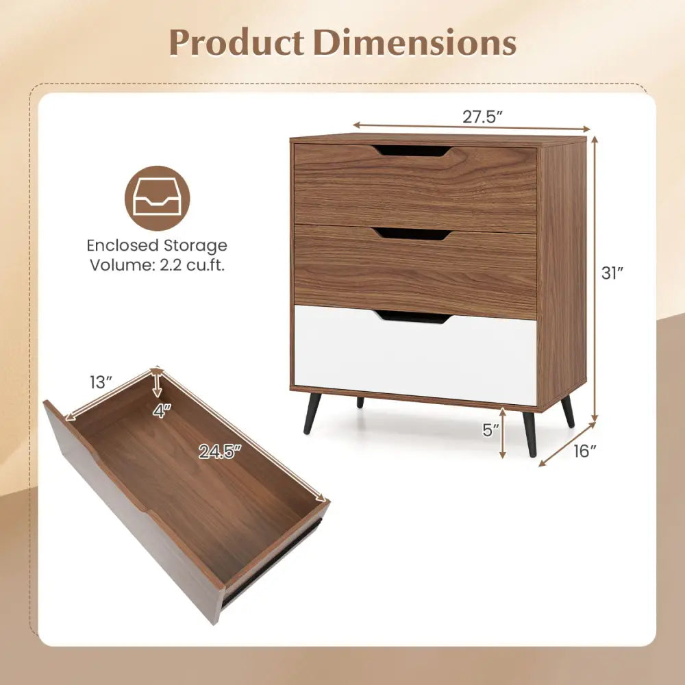 3-Drawer Rustic Farmhouse Wooden Storage Dresser-Walnut - Walnut - Dressers & Chests
