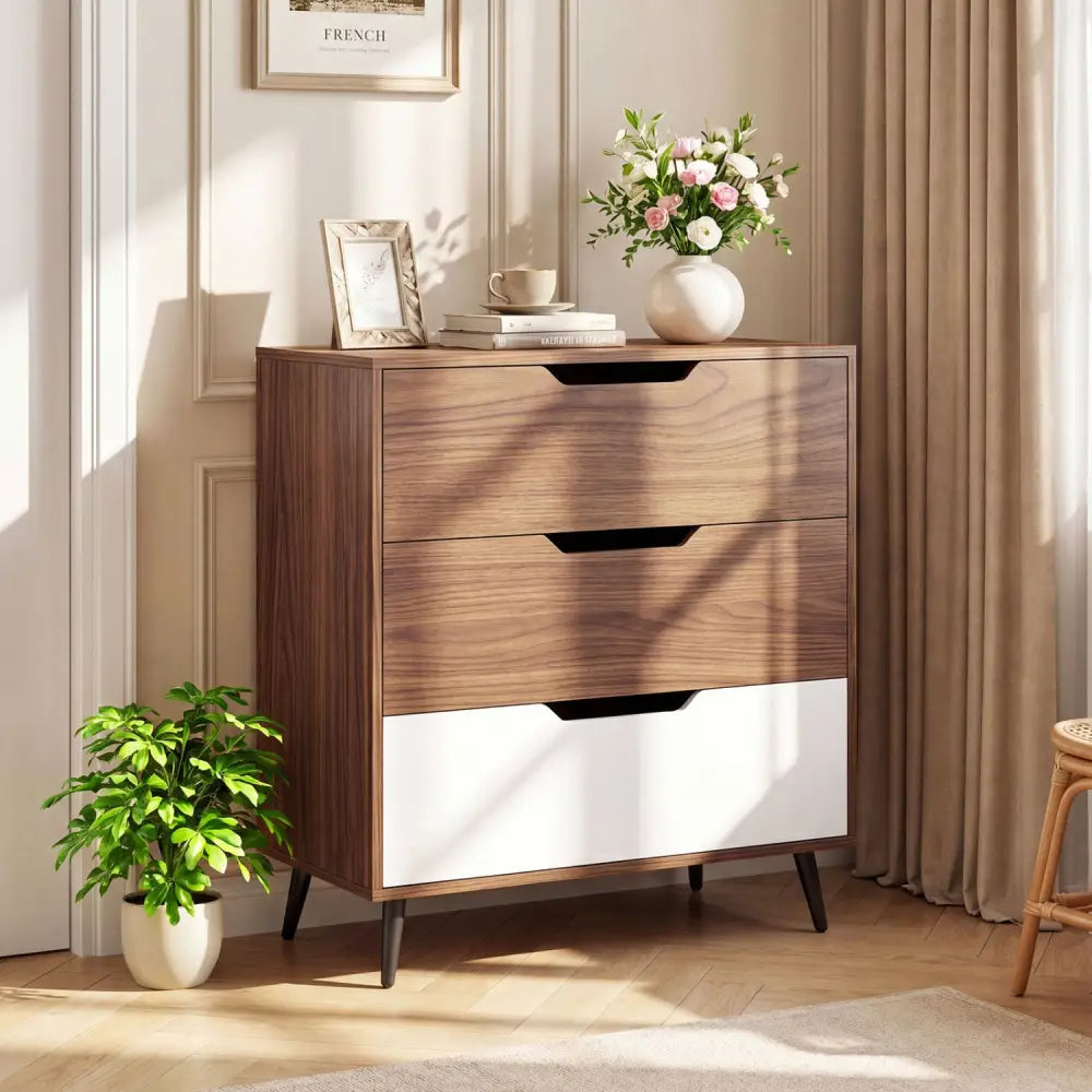 3-Drawer Rustic Farmhouse Wooden Storage Dresser-Walnut - Walnut - Dressers & Chests