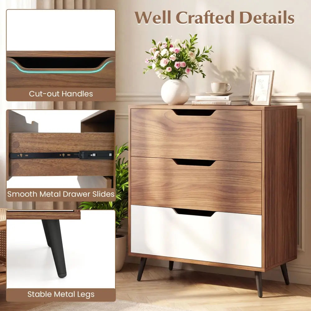 3-Drawer Rustic Farmhouse Wooden Storage Dresser-Walnut - Walnut - Dressers & Chests
