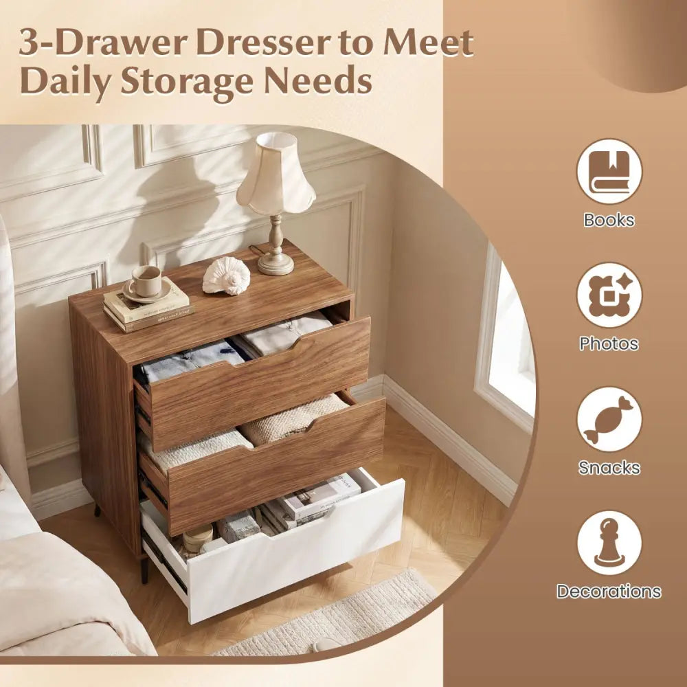 3-Drawer Rustic Farmhouse Wooden Storage Dresser-Walnut - Walnut - Dressers & Chests